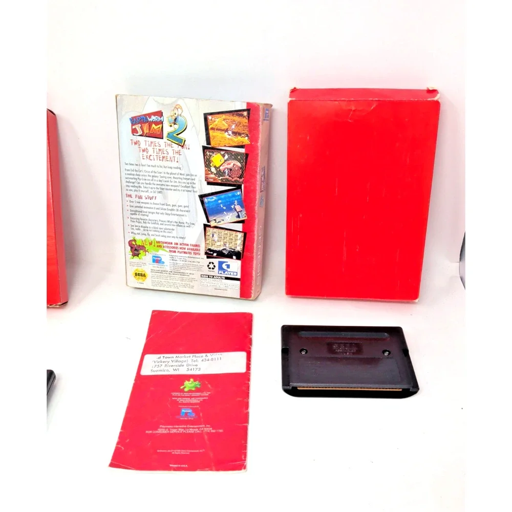 Lot 2 Earthworm Jim 1 + 2 - Sega Genesis Cardboard Box, & Cartridge, Manual
